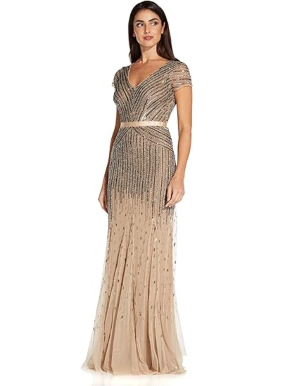 Adrianna Papell Beaded V-Neck Gown Cap Sleeve Formal Dress 14
